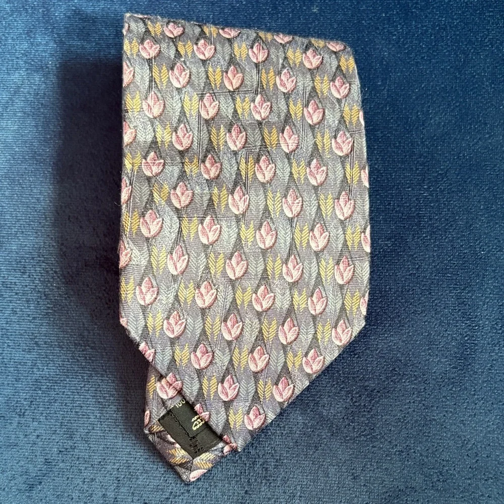 Ermenegildo Zegna Pink and Yellow Floral Silk Tie Blue Grey Base